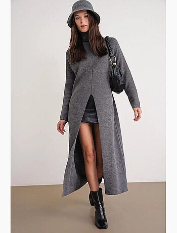 Robe longue en maille côtelée épaisse, col roulé et fente latérale mixray