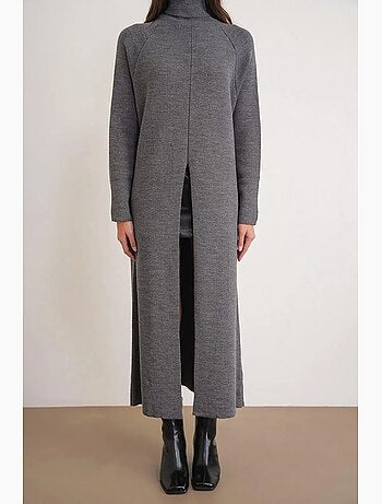 Robe longue en maille côtelée épaisse, col roulé et fente latérale mixray
