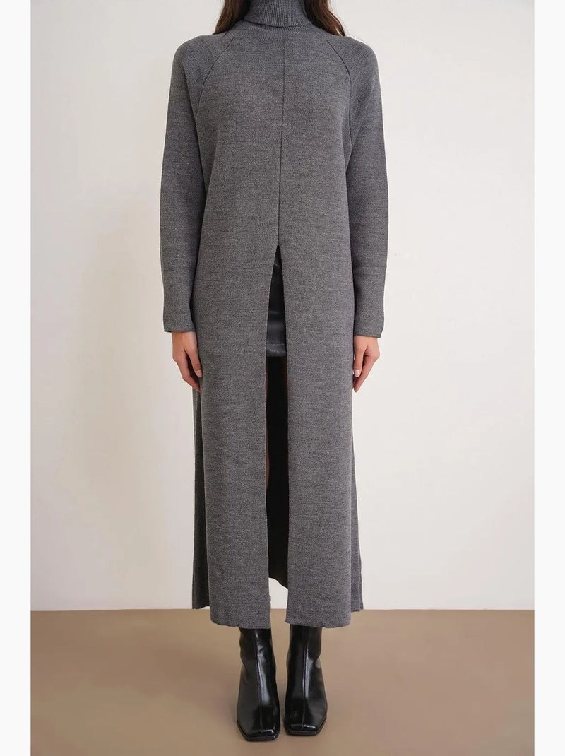 Robe longue en maille côtelée épaisse, col roulé et fente latérale mixray Gris Noir - Kiabi