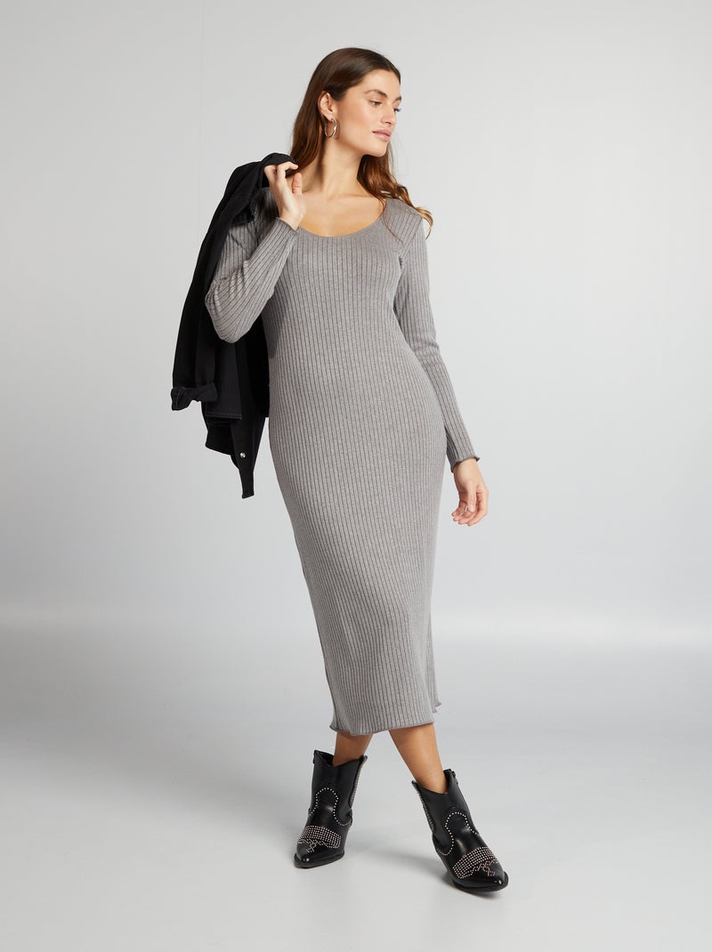 Robe longue en maille côtelée Gris - Kiabi
