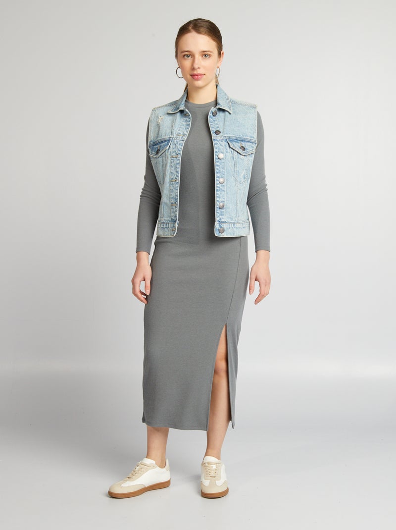 Robe longue en maille côtelée Gris - Kiabi