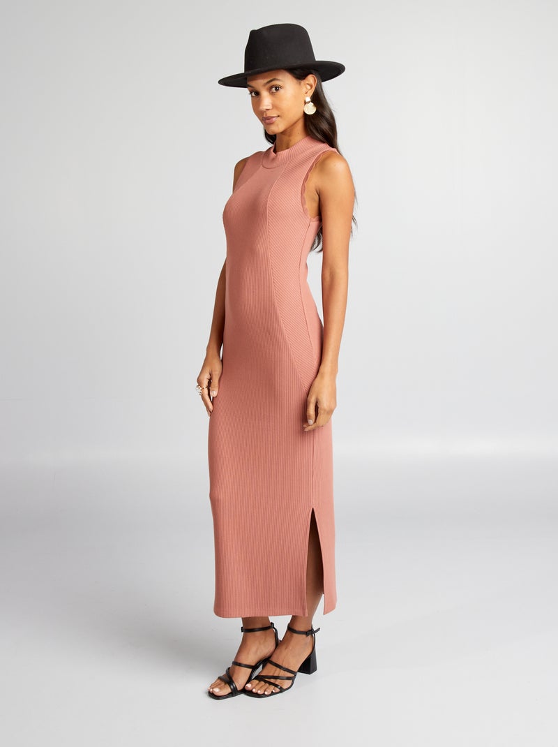 Robe longue en maille côtelée Rose - Kiabi
