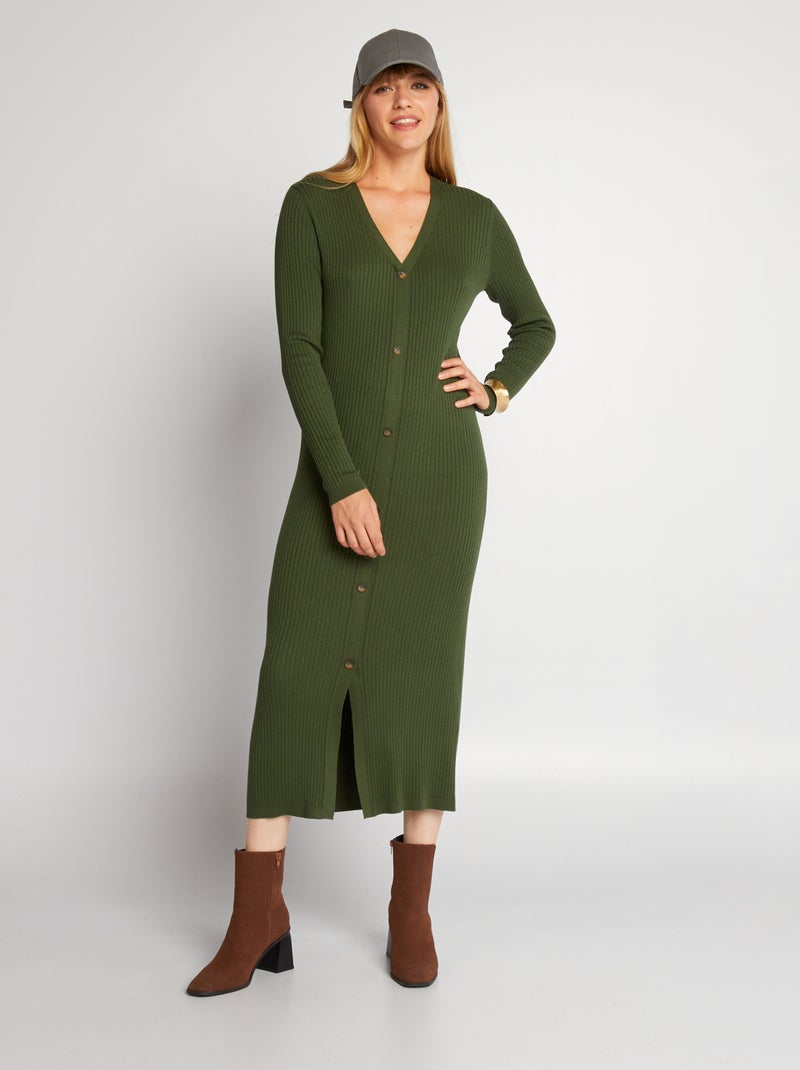 Robe longue en maille côtelée Vert - Kiabi