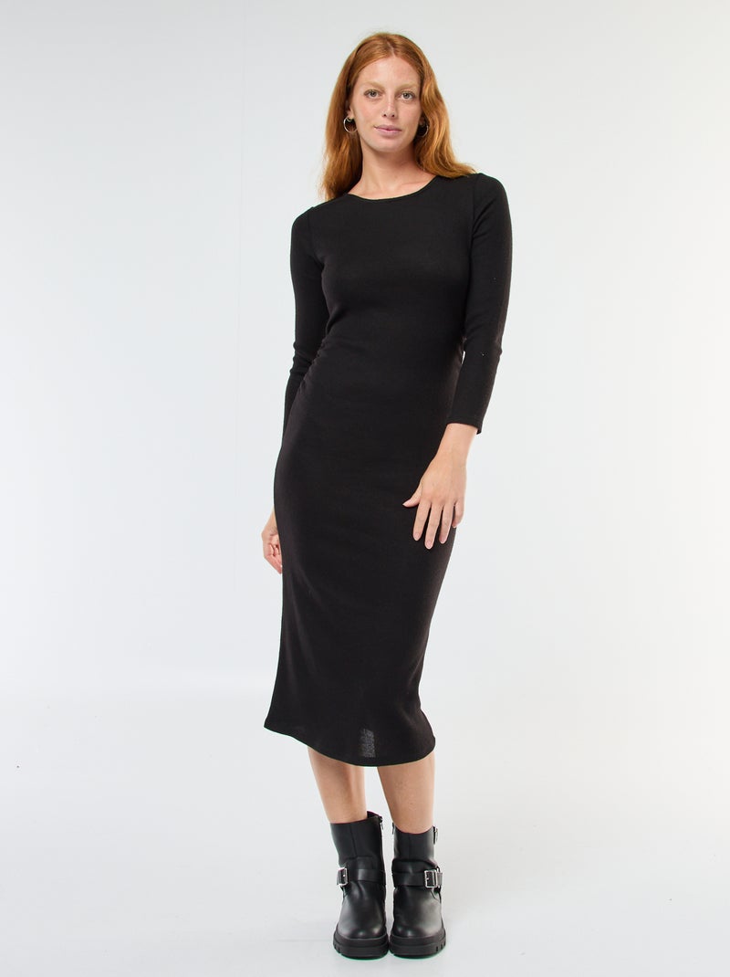 Robe longue en maille doudou à manches longues Noir - Kiabi