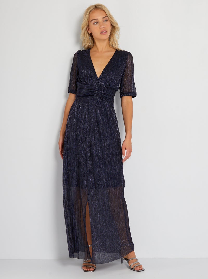 Robe longue en maille plissée Bleu marine - Kiabi