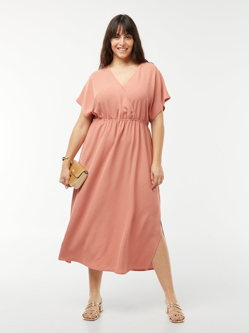 Robe longue en maille stretch et à manches courtes Rose - Kiabi