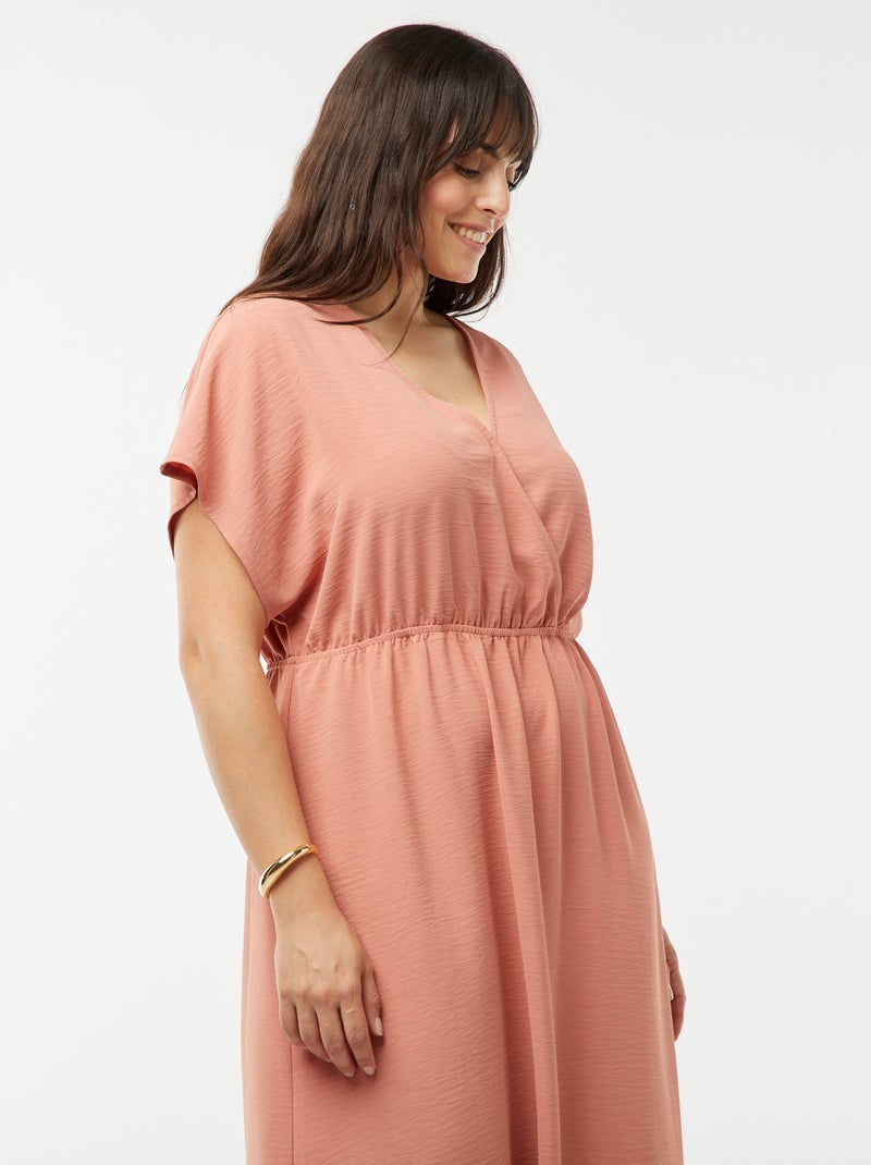 Robe longue en maille stretch et à manches courtes Rose - Kiabi
