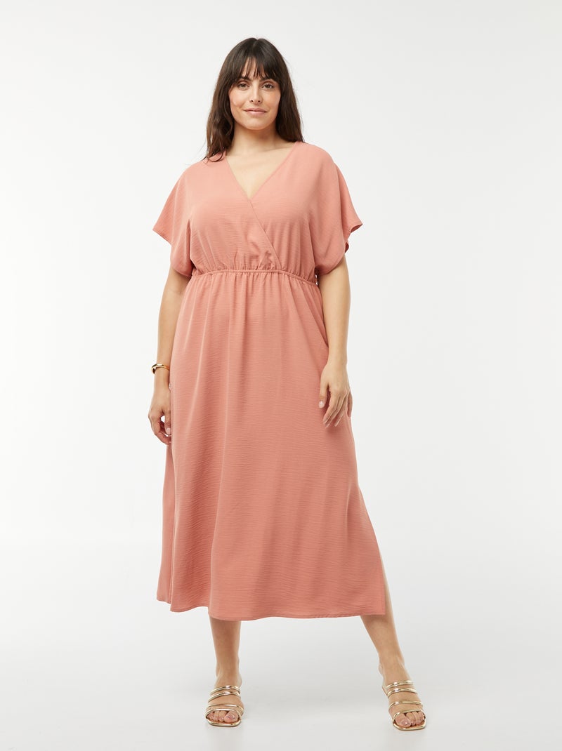 Robe longue en maille stretch et à manches courtes Rose - Kiabi