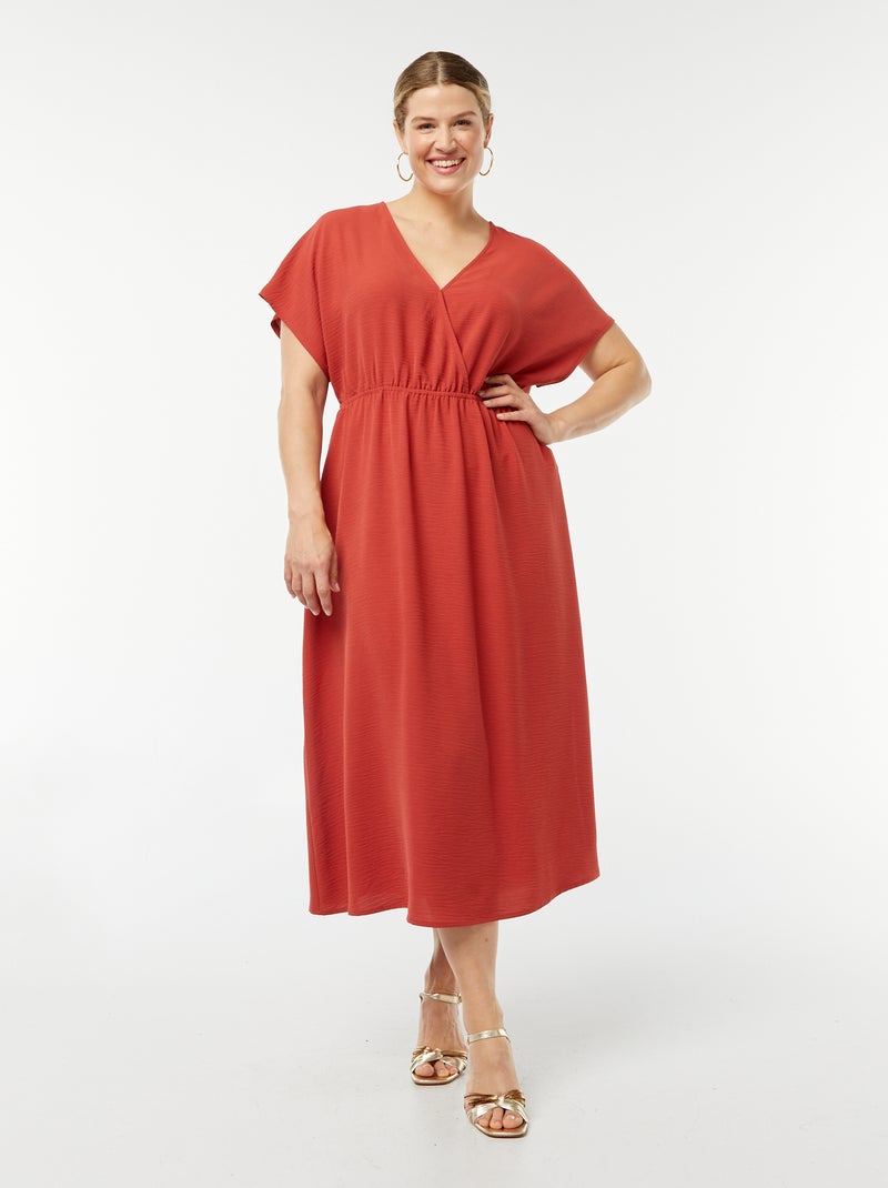 Robe longue en maille stretch et à manches courtes Rouge orange - Kiabi