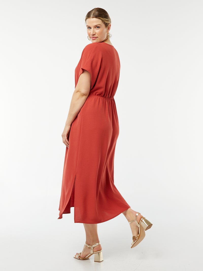 Robe longue en maille stretch et à manches courtes Rouge orange - Kiabi