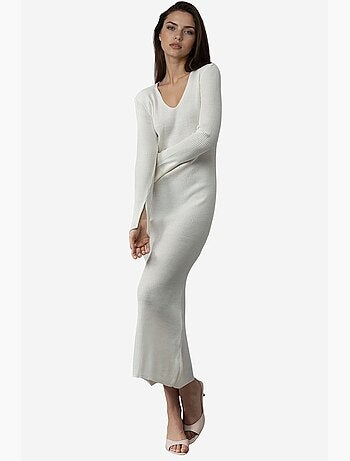 Robe longue en maille texturée à col v et fente my fashion