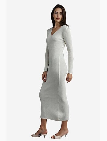 Robe longue en maille texturée à col v et fente my fashion