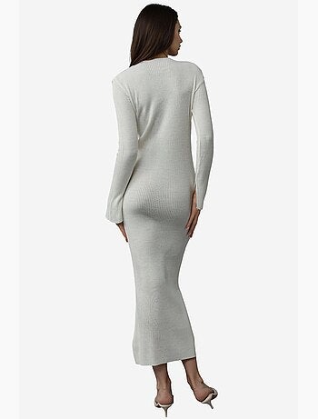 Robe longue en maille texturée à col v et fente my fashion