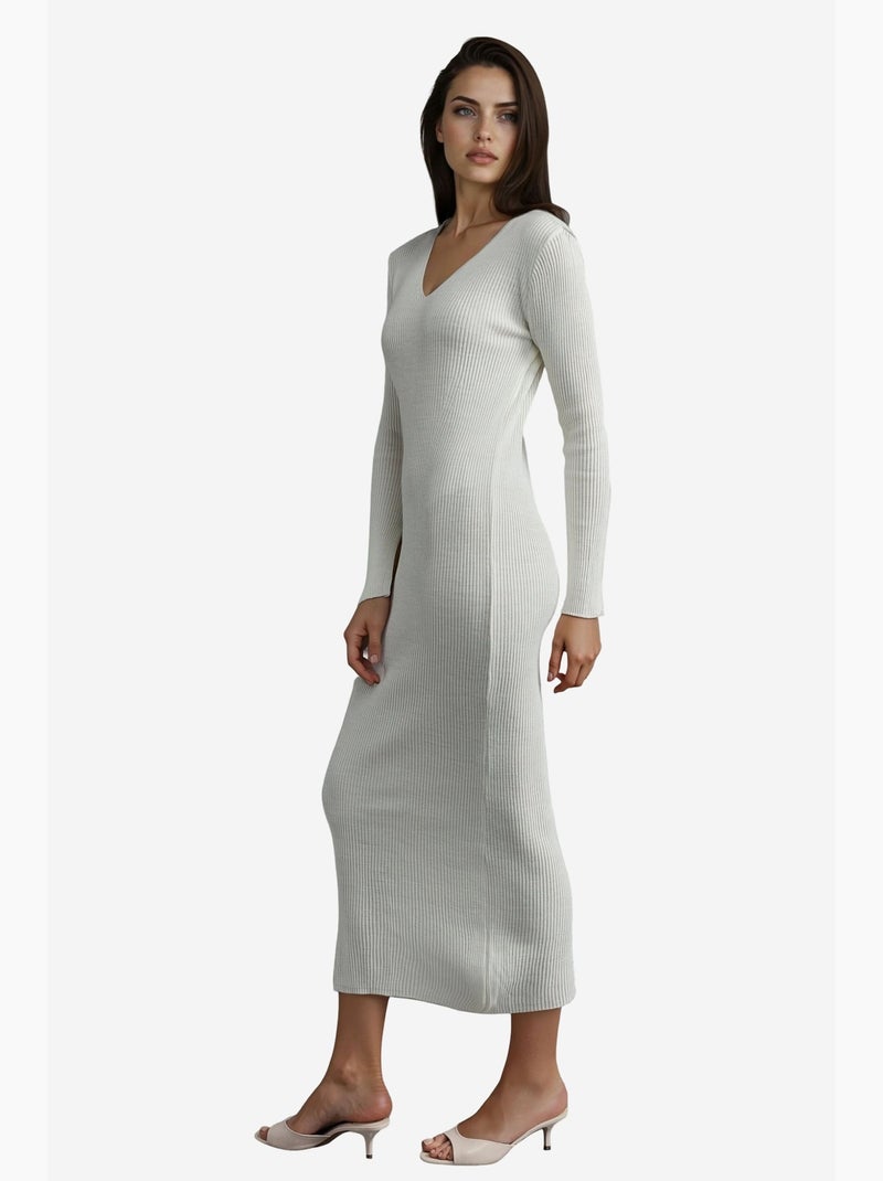Robe longue en maille texturée à col v et fente my fashion Blanc cassé - Kiabi