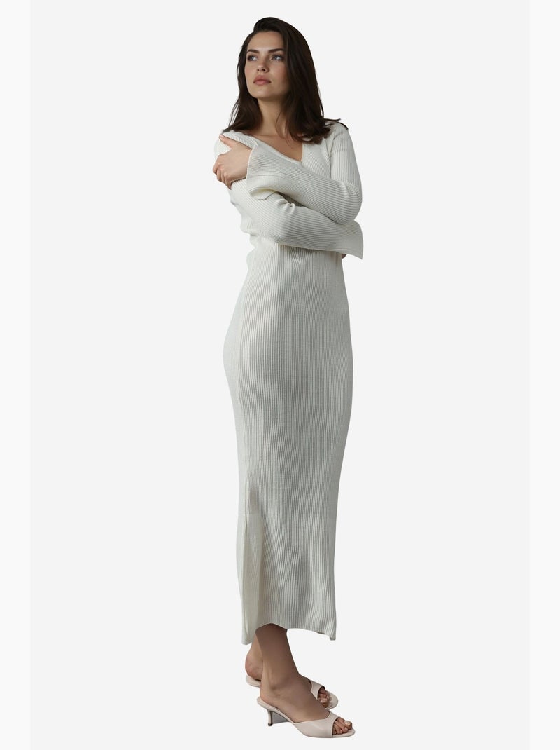 Robe longue en maille texturée à col v et fente my fashion Blanc cassé - Kiabi