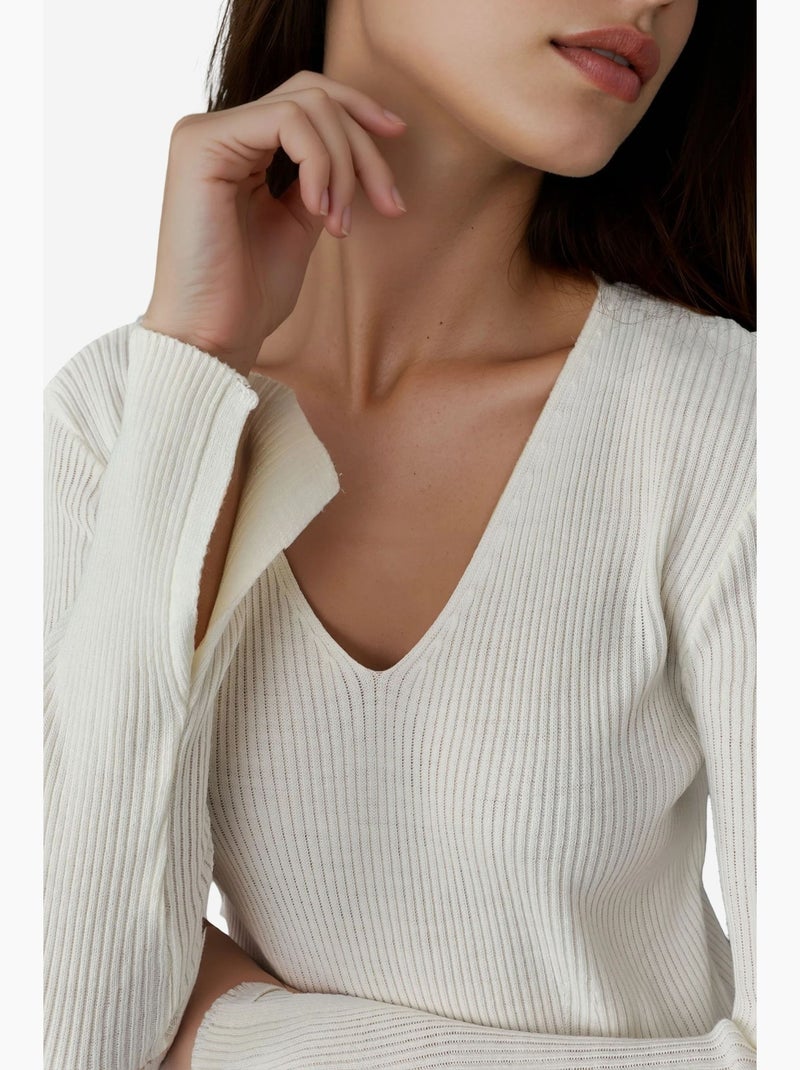 Robe longue en maille texturée à col v et fente my fashion Blanc cassé - Kiabi