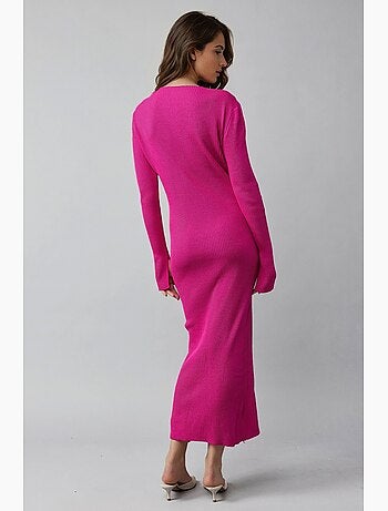 Robe longue en maille texturée à col v et fente my fashion