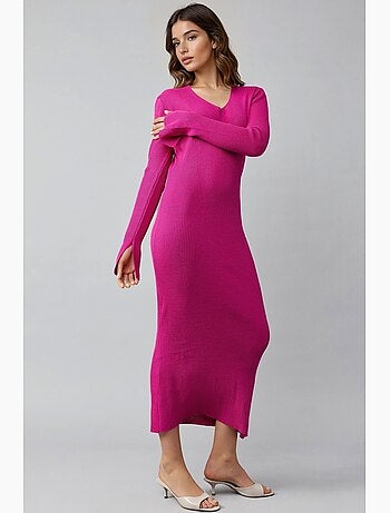 Robe longue en maille texturée à col v et fente my fashion