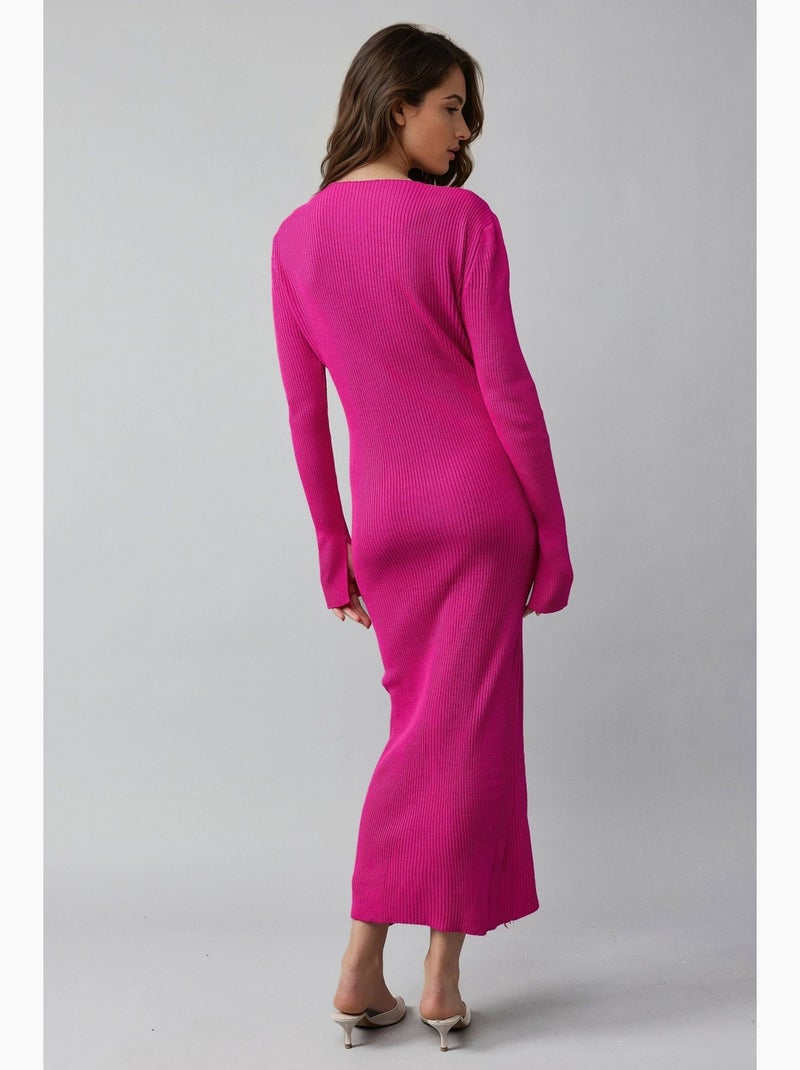 Robe longue en maille texturée à col v et fente my fashion Magenta - Kiabi