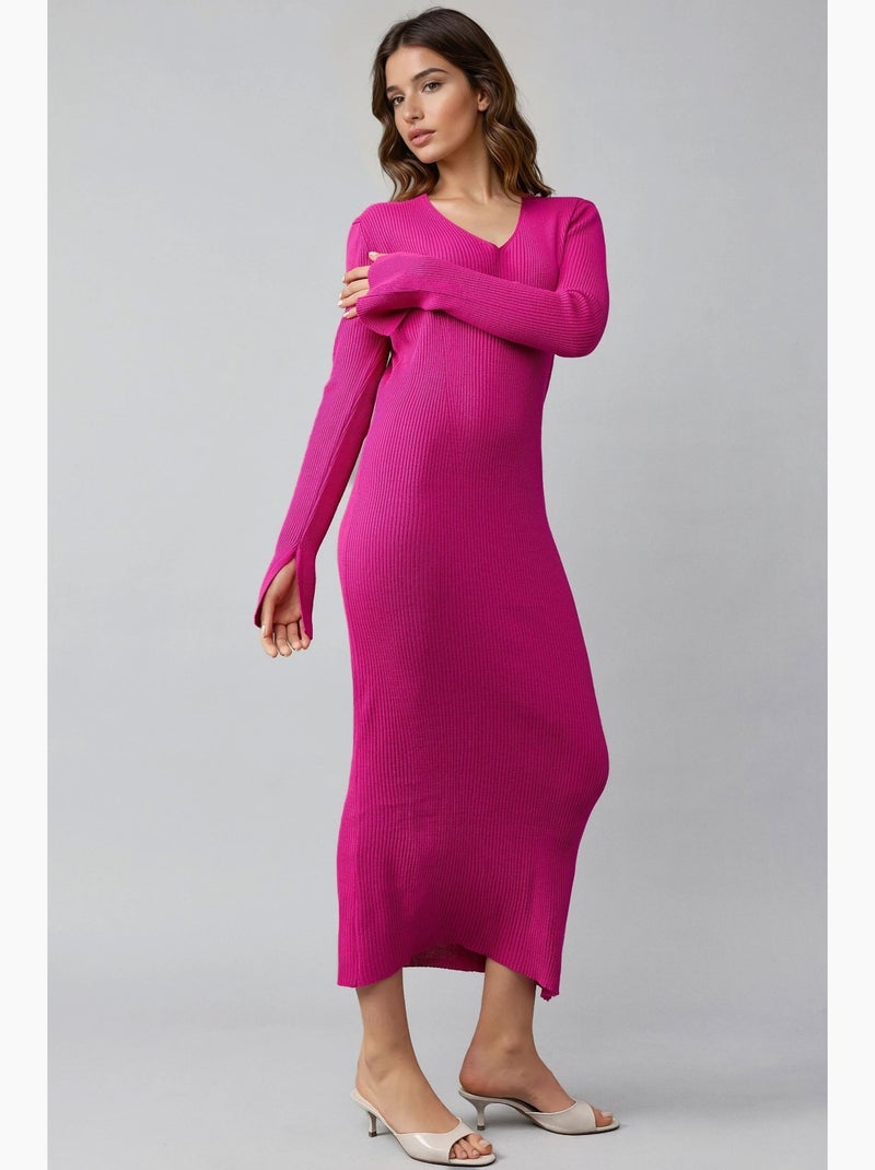 Robe longue en maille texturée à col v et fente my fashion Magenta - Kiabi