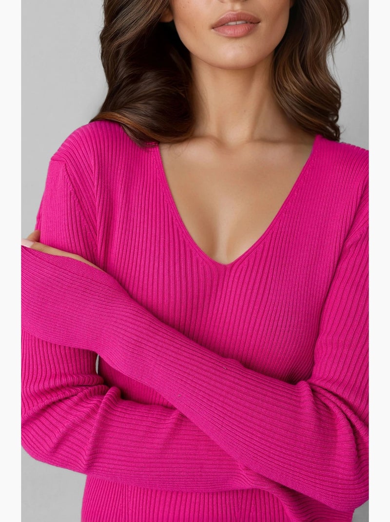 Robe longue en maille texturée à col v et fente my fashion Magenta - Kiabi