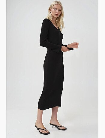 Robe longue en maille texturée à col v et fente my fashion