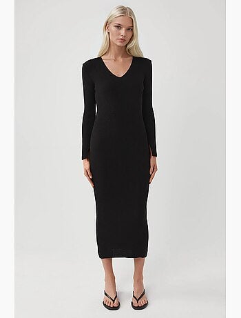 Robe longue en maille texturée à col v et fente my fashion