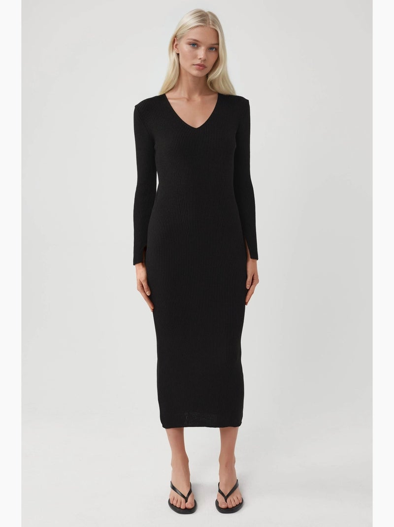 Robe longue en maille texturée à col v et fente my fashion Noir - Kiabi