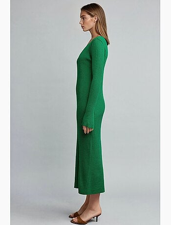 Robe longue en maille texturée à col v et fente my fashion