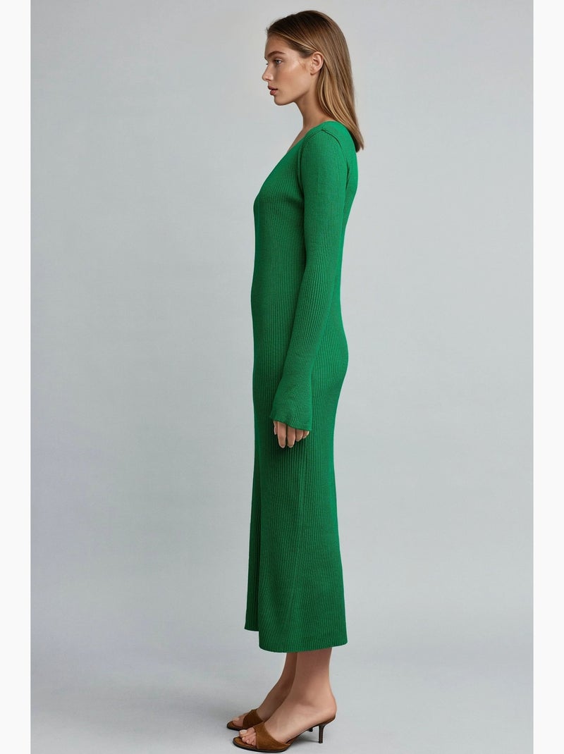 Robe longue en maille texturée à col v et fente my fashion Vert - Kiabi