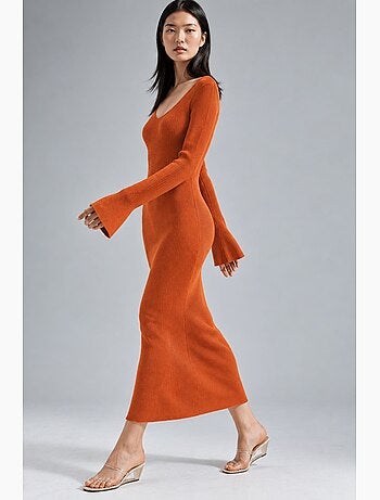 Robe longue en maille texturée à col v et fente my fashion