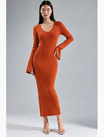 Robe longue en maille texturée à col v et fente my fashion