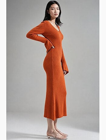 Robe longue en maille texturée à col v et fente my fashion