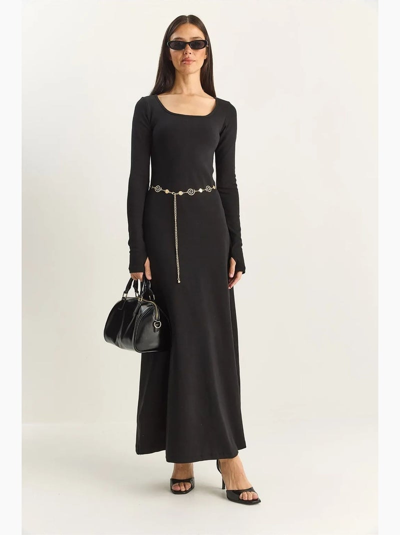 Robe longue en maille trapèze à col carré lucci Noir - Kiabi