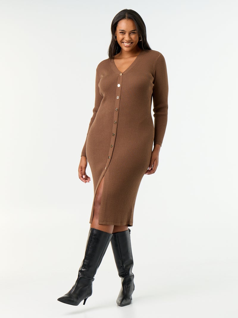 Robe longue en matière côtelé Marron - Kiabi