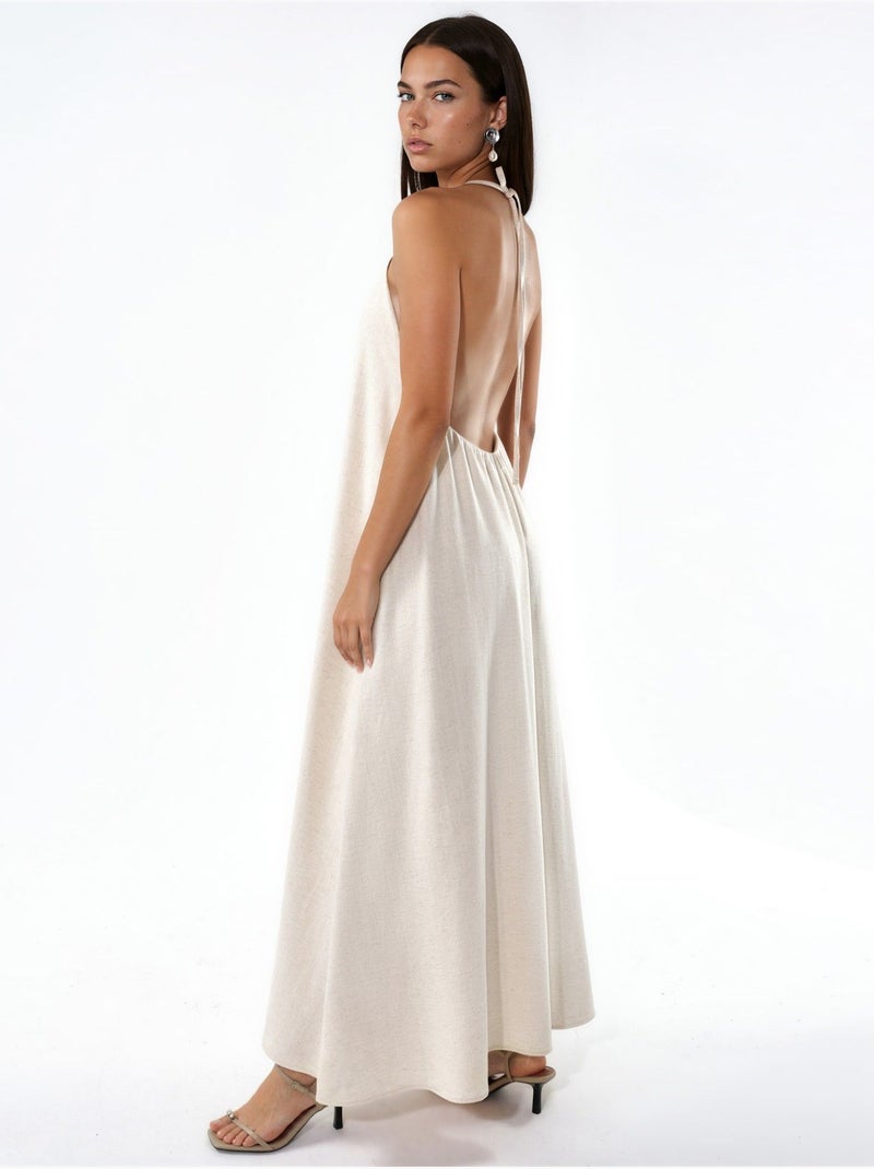 Robe longue en mélange de lin à col licou Beige naturel - Kiabi