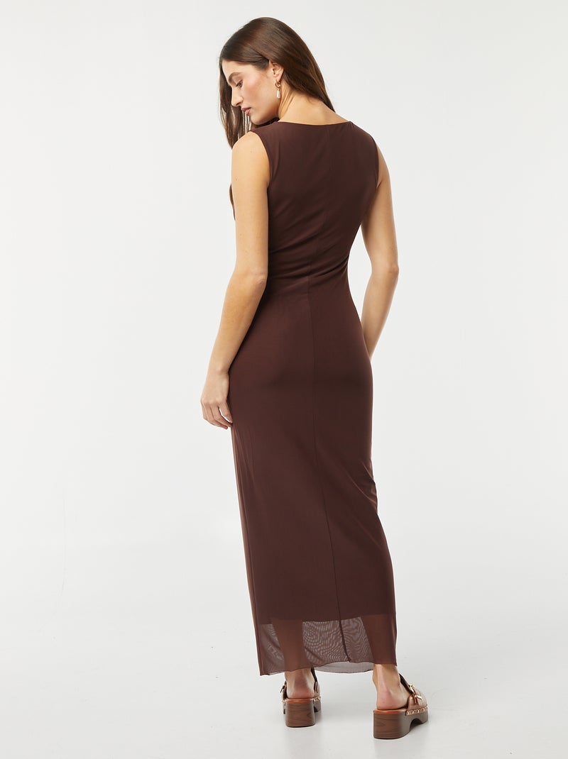 Robe longue en mesh drapée marron - Kiabi