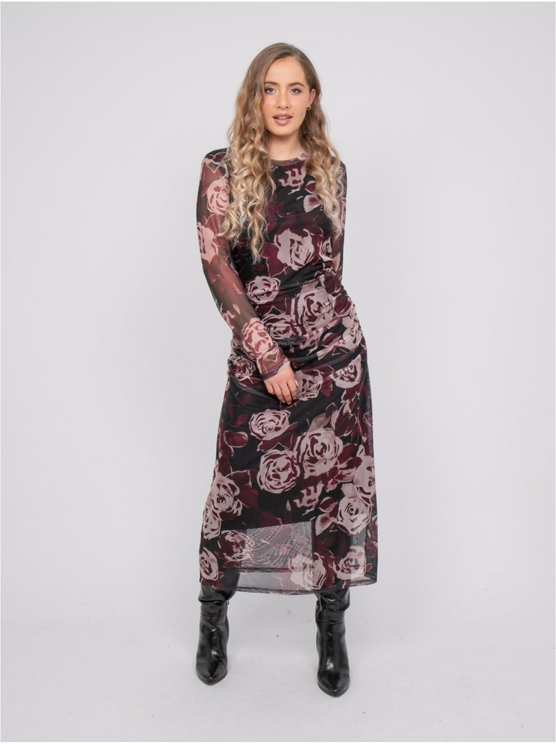 Robe longue en mesh motif roses irma Noir - Kiabi
