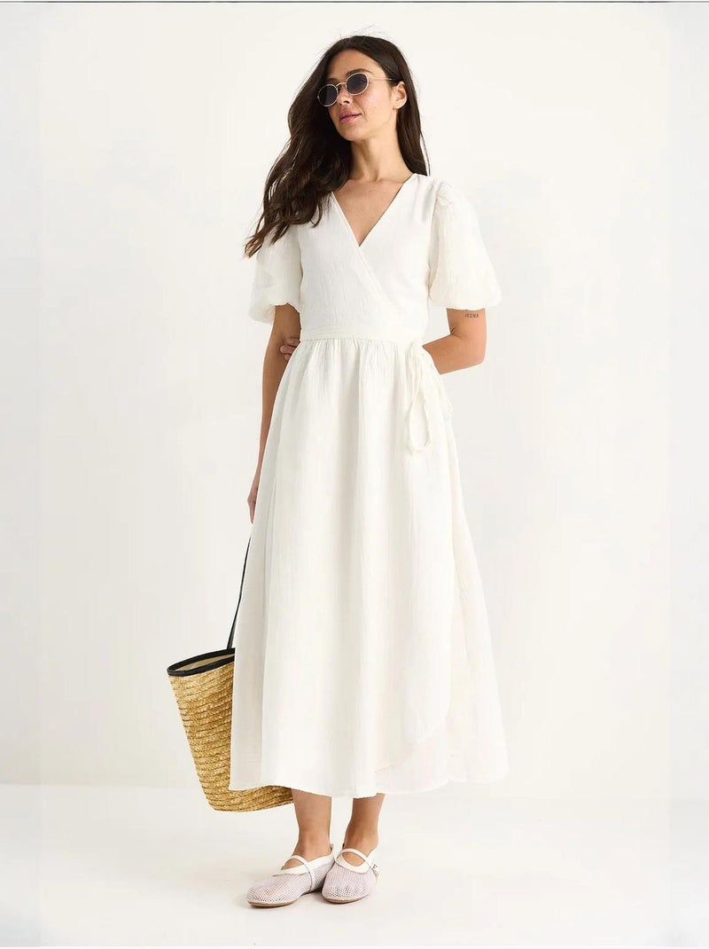 Robe longue en mousseline à fermeture portefeuille et manches ballon de bianco lucci Blanc - Kiabi
