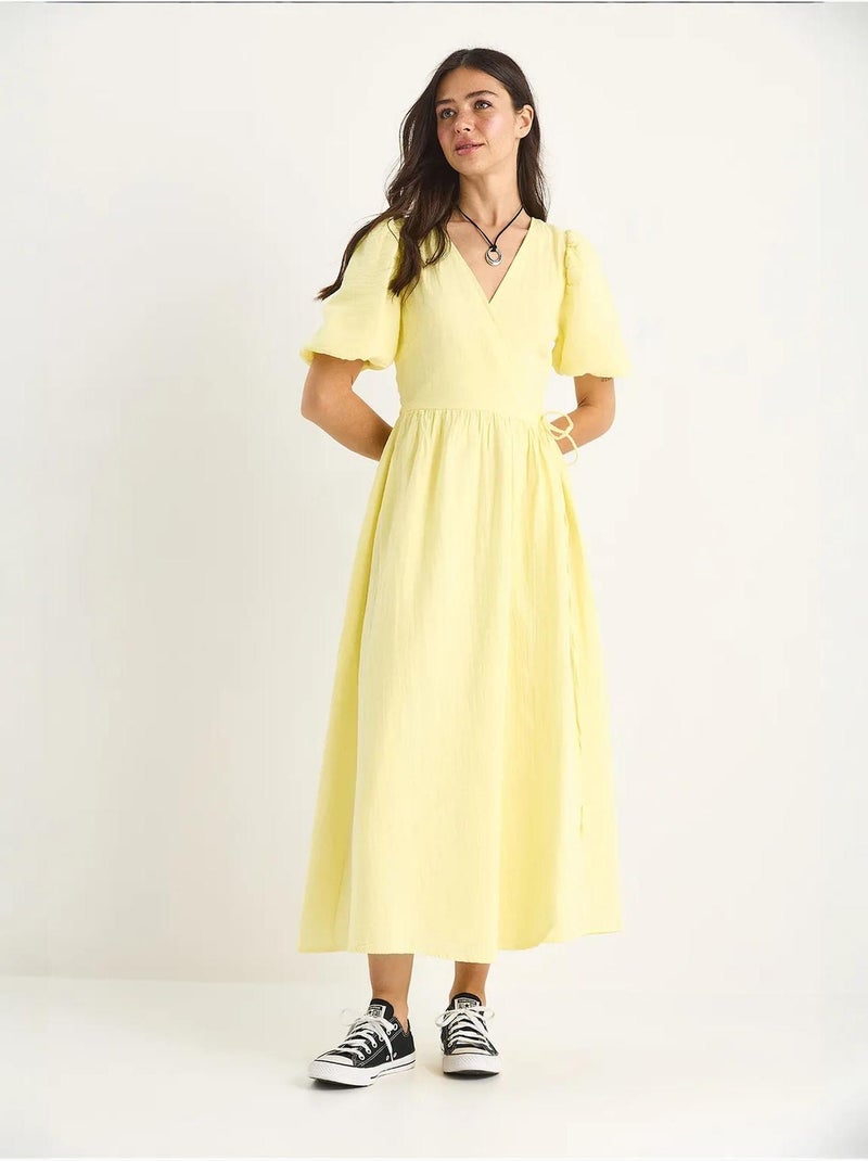 Robe longue en mousseline à fermeture portefeuille et manches ballon de bianco lucci Jaune citron - Kiabi