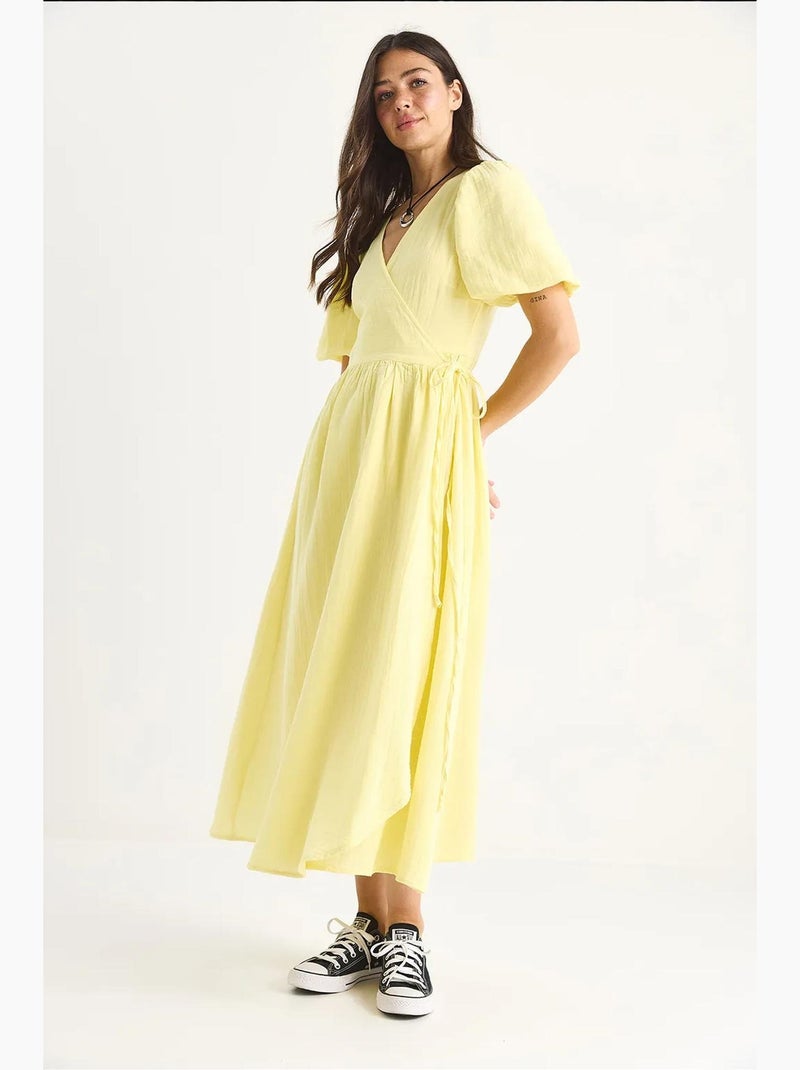 Robe longue en mousseline à fermeture portefeuille et manches ballon de bianco lucci Jaune citron - Kiabi