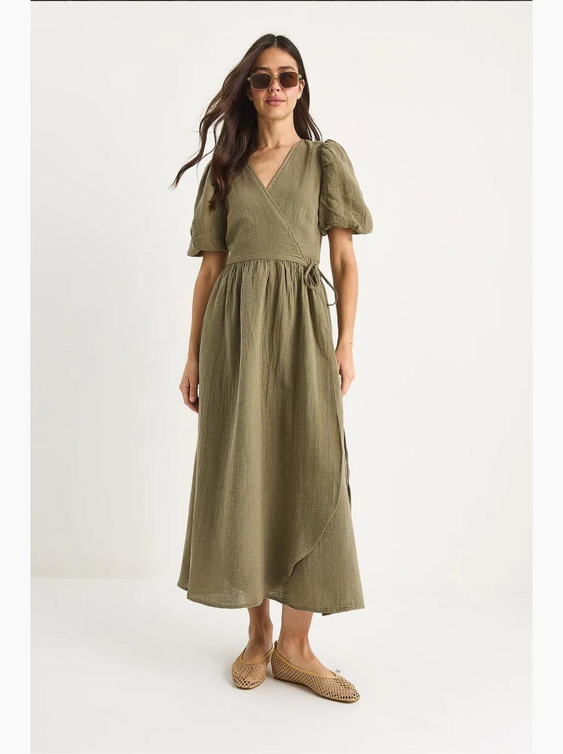 Robe longue en mousseline à fermeture portefeuille et manches ballon de bianco lucci Kaki - Kiabi