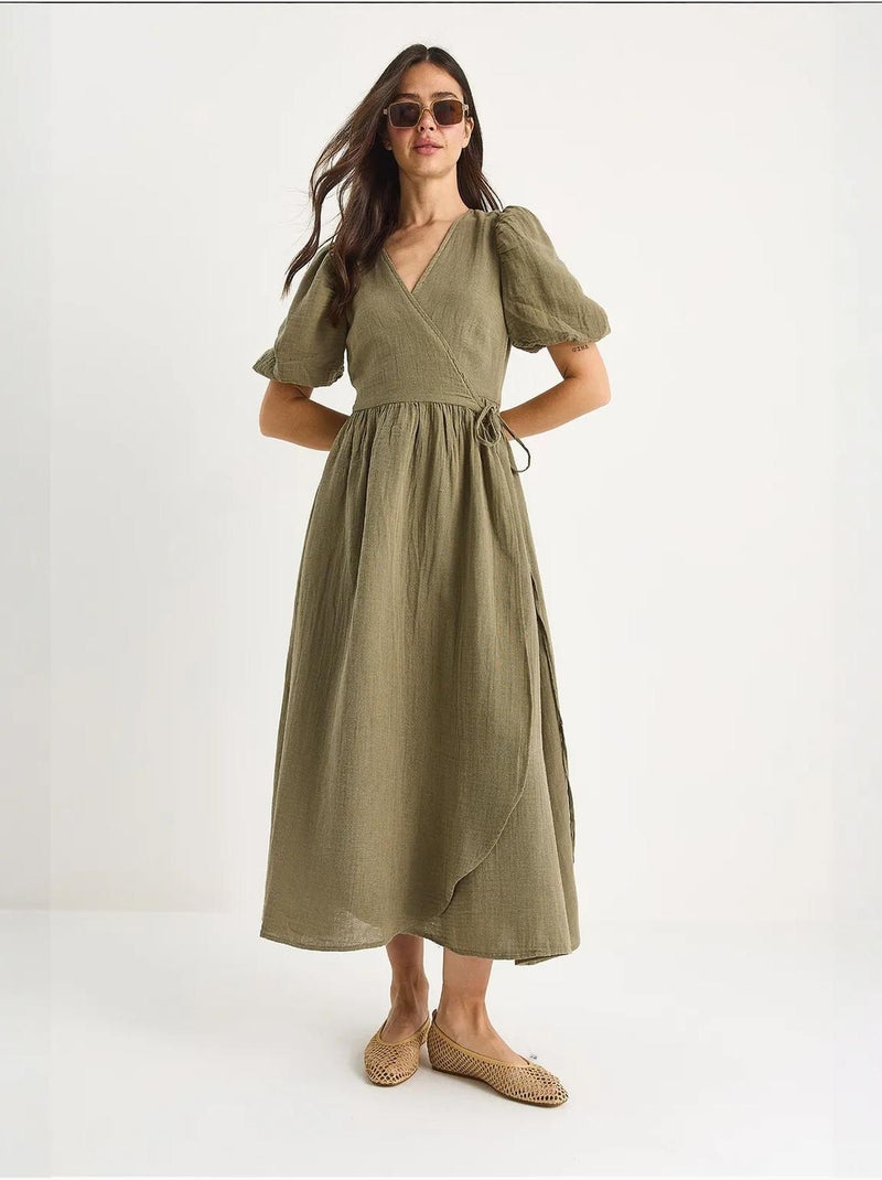 Robe longue en mousseline à fermeture portefeuille et manches ballon de bianco lucci Kaki - Kiabi