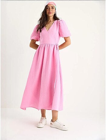 Robe longue en mousseline à fermeture portefeuille et manches ballon de bianco lucci