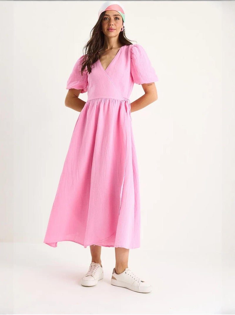 Robe longue en mousseline à fermeture portefeuille et manches ballon de bianco lucci Rose fluo/Solinotes - Kiabi