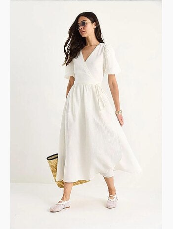 Robe longue en mousseline à fermeture portefeuille et manches ballon lucci