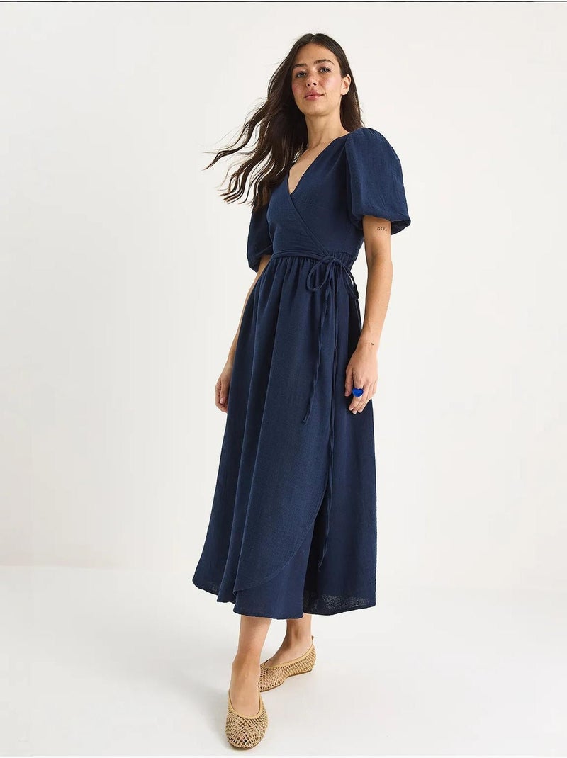 Robe longue en mousseline à fermeture portefeuille et manches ballon lucci Bleu marine - Kiabi