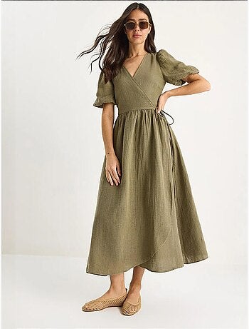 Robe longue en mousseline à fermeture portefeuille et manches ballon lucci