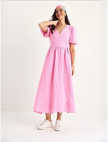 Robe longue en mousseline à fermeture portefeuille et manches ballon lucci