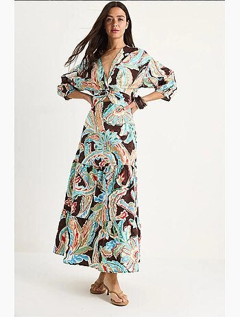 Robe longue en popeline à motif ethnique col en v et dos smocké lucci